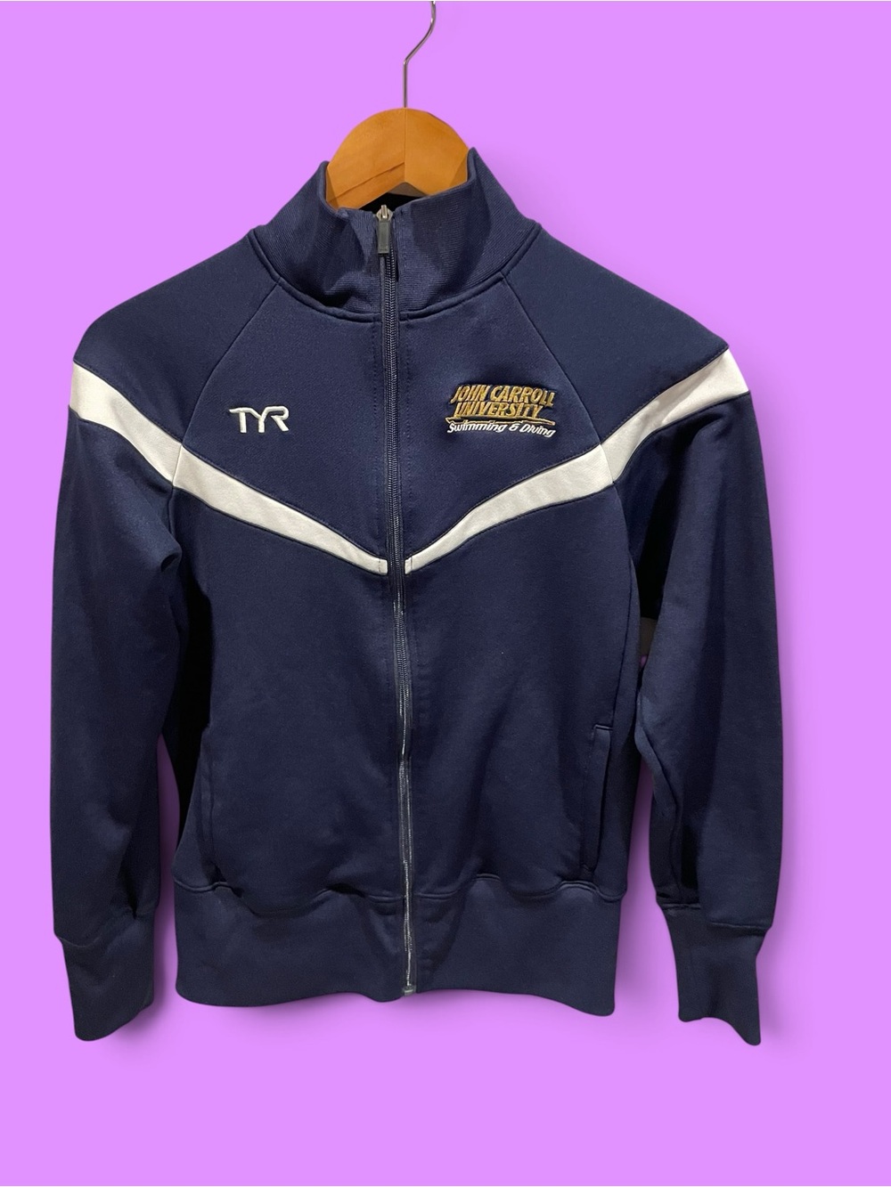 Cute navy white stripe TYR swim uniform jacket John Carroll team pockets